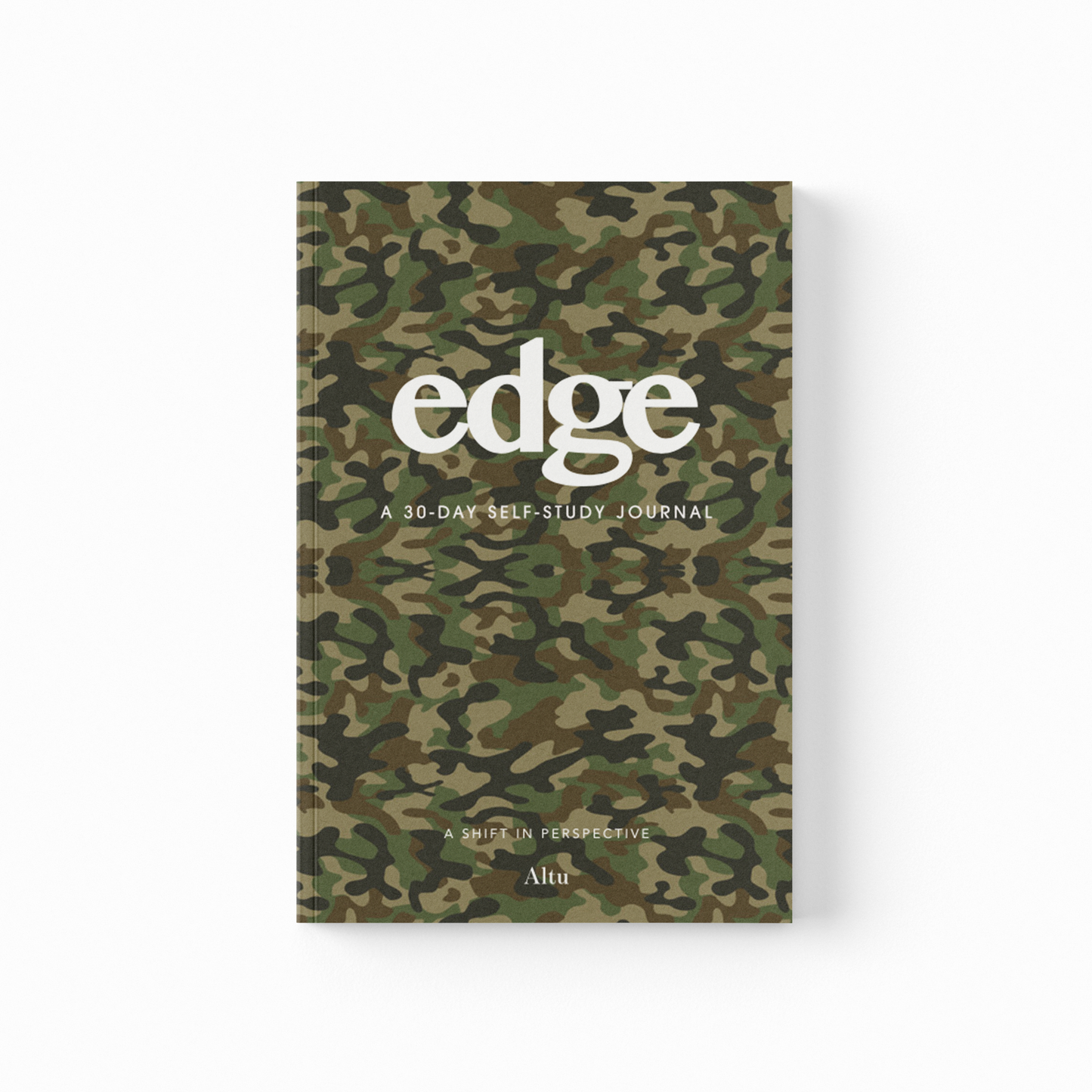 Camouflage-patterned journal with 'edge' branding on a white background