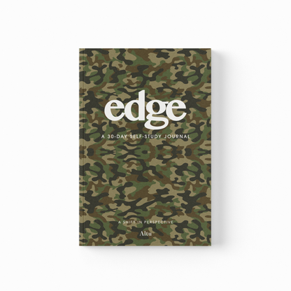 Camouflage-patterned journal with 'edge' branding on a white background