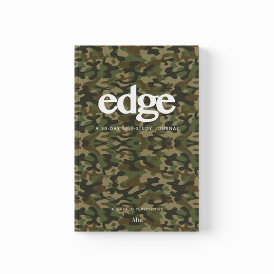 Camouflage-patterned journal with 'edge' branding on a white background